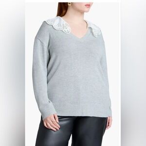 Eloquii Gray Sweater Women’s Long Sleeve White Lace Collar Size 22/24